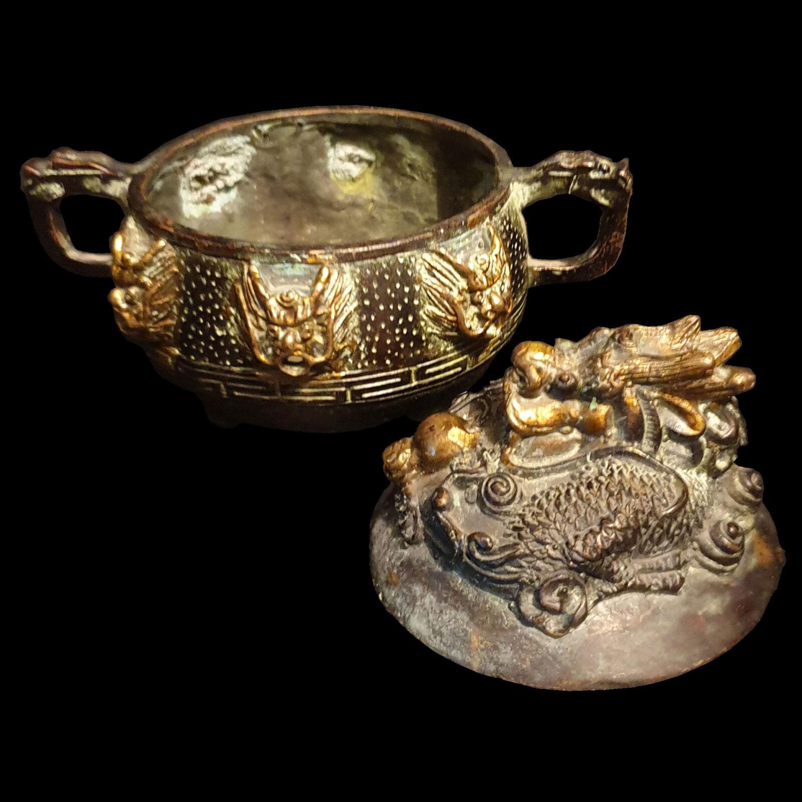Antique Chinese Marked Bronze Dynasty Gilt Dragon Incense Censer - Image 3