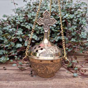 Small Engraved Brass Hanging Censer with Cross